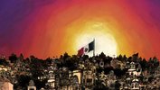 eine gezeichnete Stadtsilhouette mit einer hohen Flagge darüber ist mit einer Art gemalten Sonnuntergang hinterfangen.