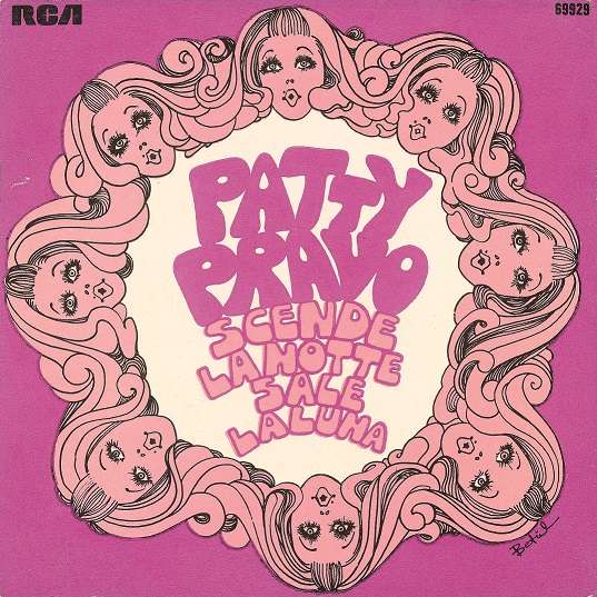 Plattencover in Pink. Frauenköpfe sind in einem Kreis angeordnet. Innerhalb des Kreises steht der Titel der Platte: Patty Pravo. Scende La Notte Sale La Luna.