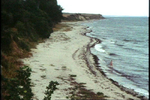 Das etwas unscharfe Farbbild zeigt eine Strandlinie mit einem schmalen Strand, zum Land hin einen stark bewachsenen Hang und das Meer. Eine wahrscheinlich nackte einsame Person geht auf das Wasser zu.
