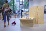 On the left edge of the picture, a visitor walks by and looks to the left. To her right is the work of Millie Schwier. An installation made of plywood panels and porcelain objects.