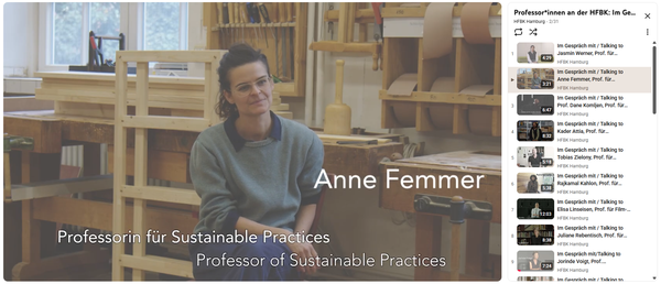 Screenshot des YouTube-Kanals der HFBK. Im Speziellen die Playlist "Professor*innen an der HFBK: im Gespräch mit".