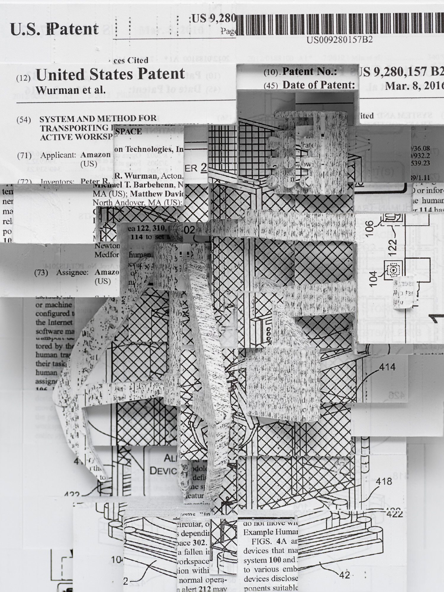 Black-and-white collage made from layered pages of a U.S. patent document. Blocks of text, diagrams, and technical drawings are partially cut out and rearranged into a relief-like structure. The composition has a graphic, architectural appearance.