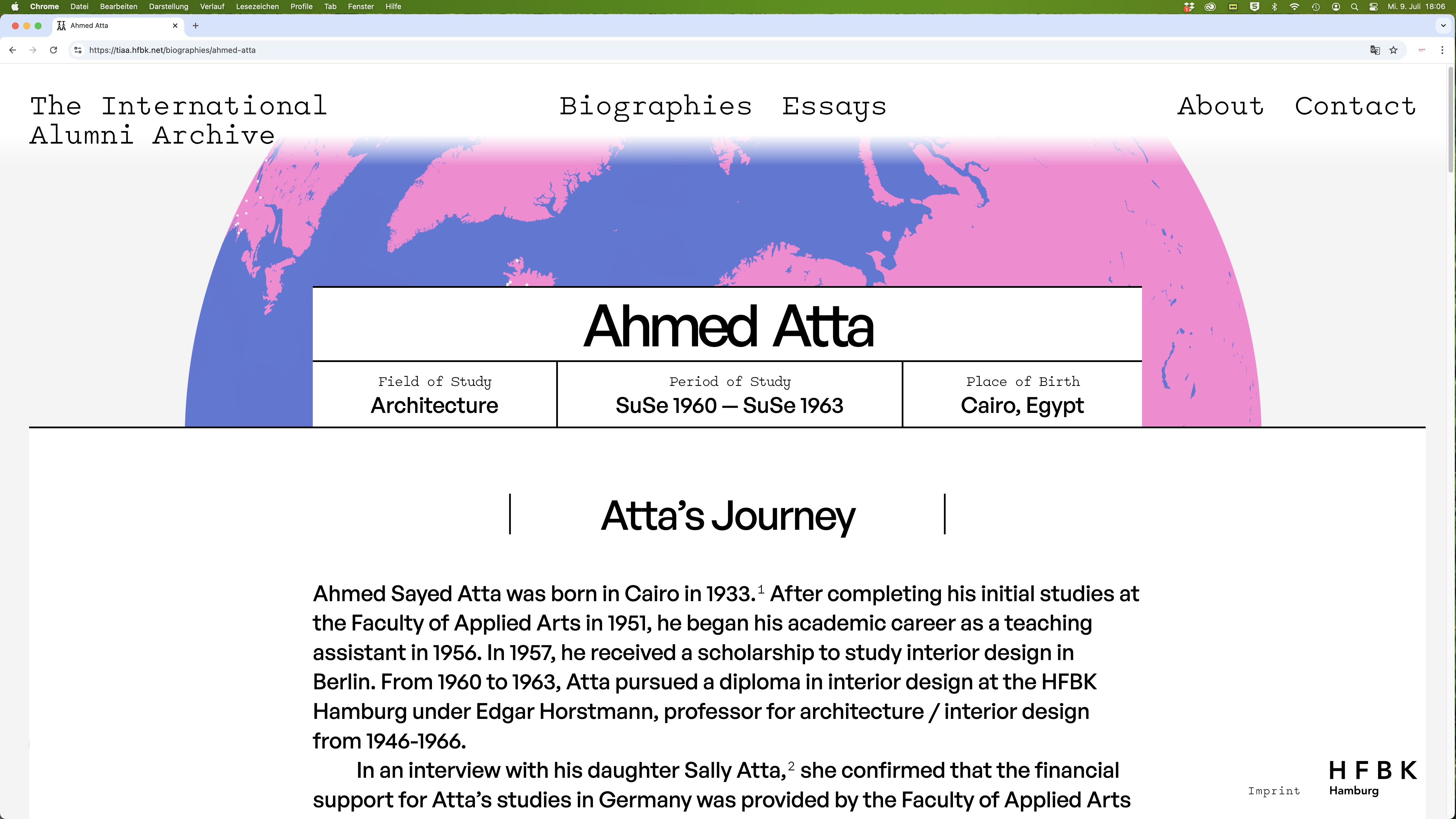 Screenshot of a website titled “The International Alumni Archive.” In the center, a large stylized globe in pink and blue displays numerous marked points with names. At the top are the menu items “Biographies,” “Essays,” “About,” and “Contact.” The “HFBK Hamburg” logo appears in the bottom right corner.