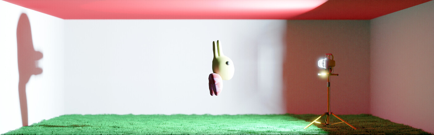 Installation in a white room with green carpet flooring and red ceiling lighting. A stylized animal-like figure with long ears floats in the center, while a studio light on a tripod stands nearby. The figure casts a large shadow on the wall.