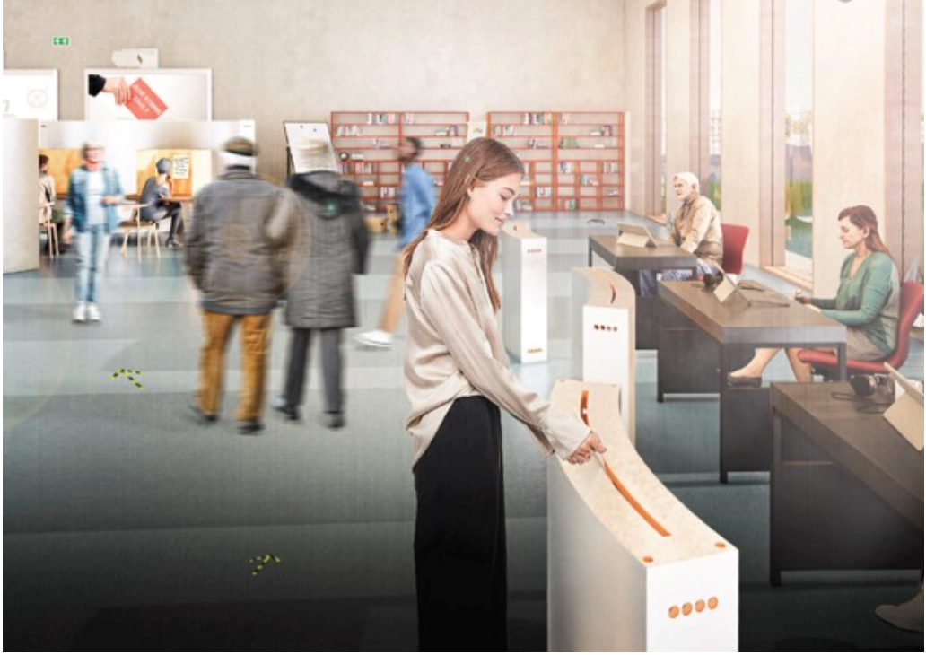 Visualization of a polling station with several people; in the foreground, a person interacts with a white freestanding voting element, while desks, seating, and other people are visible in the background.