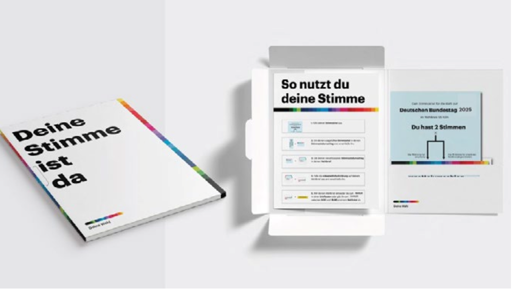 Designed brochure titled “Your vote is here” alongside an opened package displaying visually structured information on voting in the federal election.