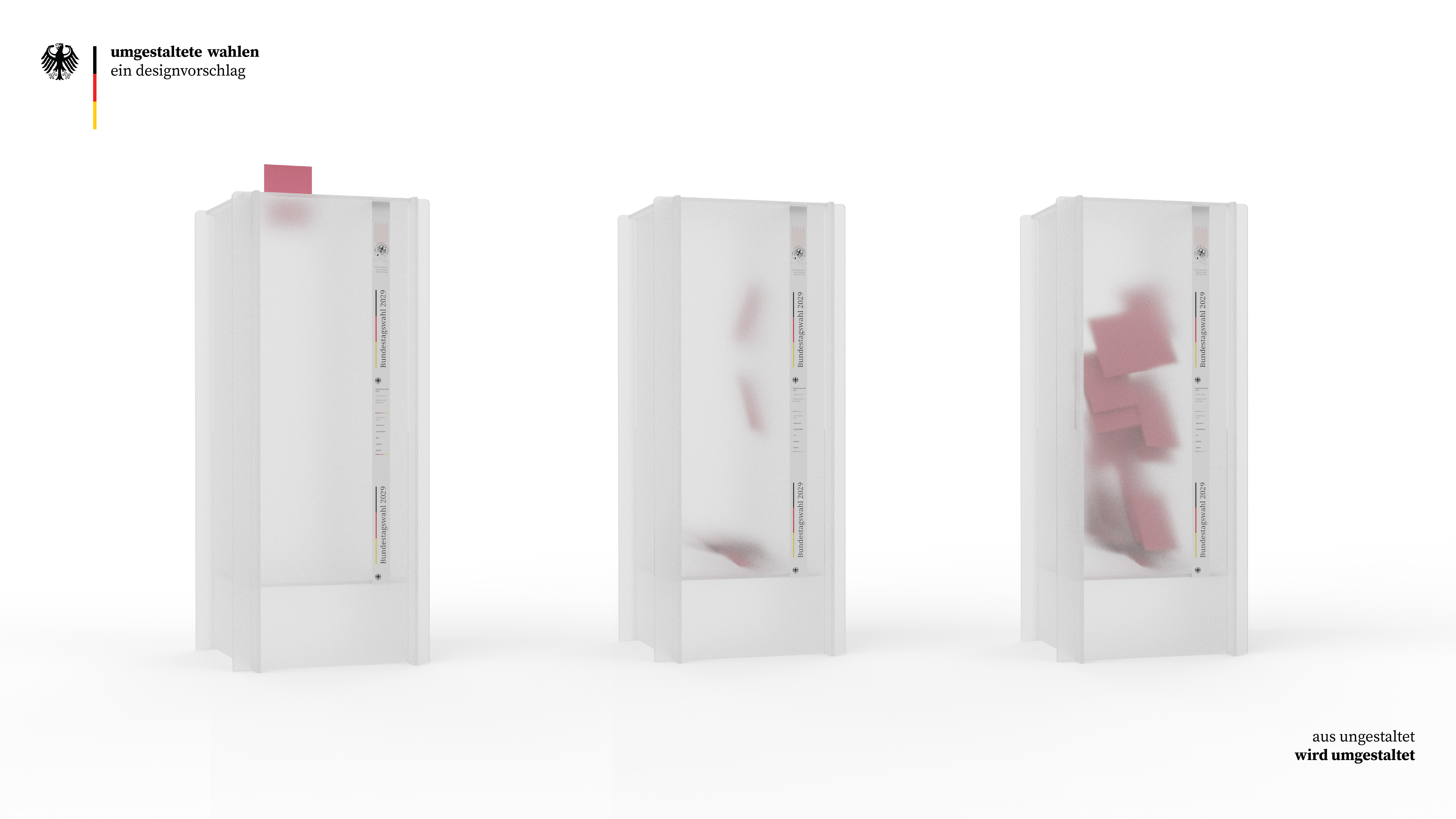 Three white, semi-transparent ballot containers stand side by side; pink ballot papers are visible inside in different states of motion, accompanied by explanatory text.