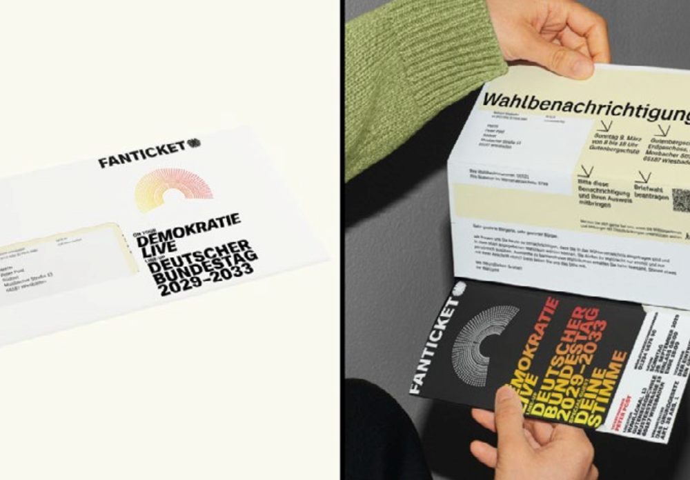Two-part image: on the left, a graphic ticket labeled “Democracy live German Bundestag 2029–2033”; on the right, voting documents and a ticket are held in hands.