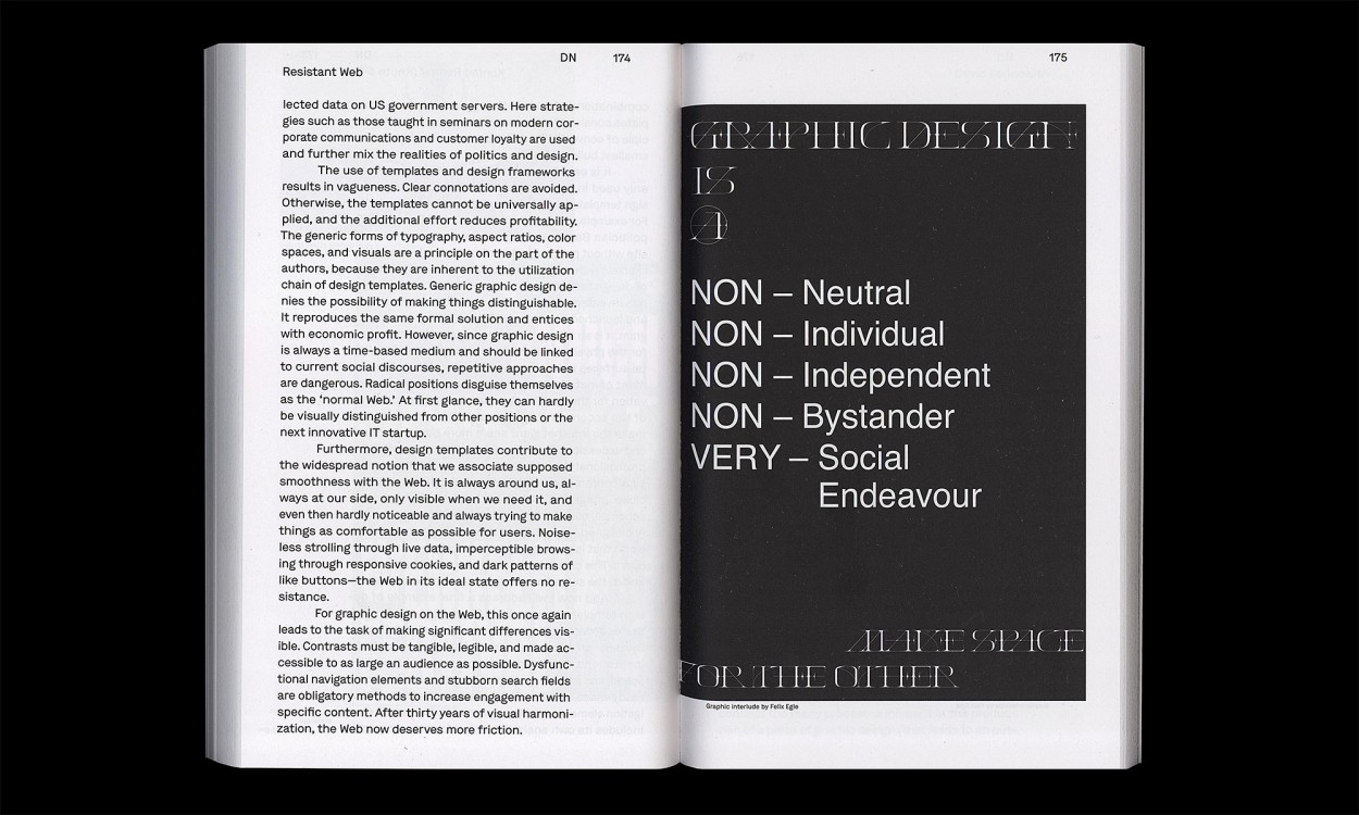 Open book spread: the left page shows a text about web and graphic design, the right page a black layout titled “Graphic Design Is …” listing points such as “NON – Neutral” and “VERY – Social Endeavour.”