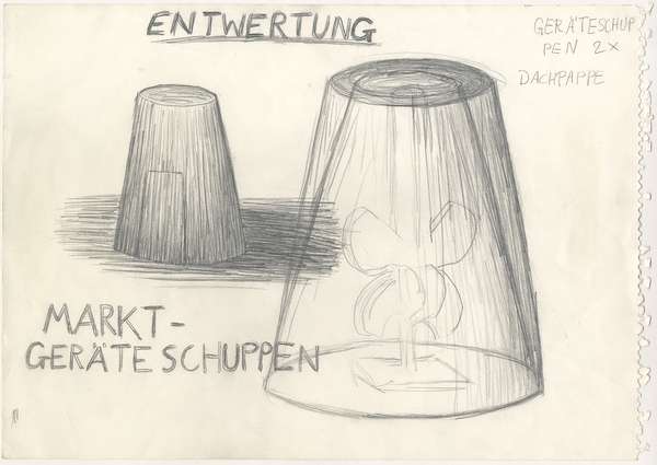 Annette Wehrmann (1961–2010), Entwurfszeichnung zum Flohmarkt/Marktbüro, 1997, zur Ausstellung Bridge – the map is not the territory, AG Fleetinsel, Hamburg, 1997, VG-Bild Kunst, Bonn